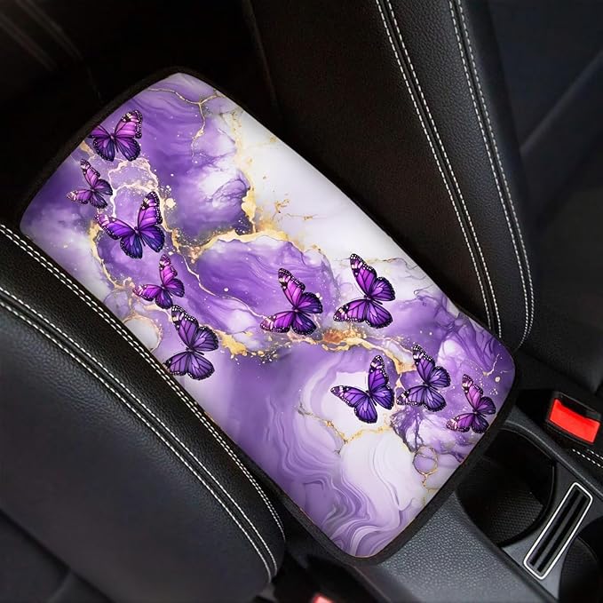 Purple Marble Butterfly Auto Armrest Box Cover Car Armrest Storage Box Mat Center Console Armrest Soft Pad Fits for Most Vehicle,SUV,Truck