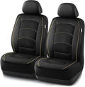 Road Comforts Car Seat Covers, Leather Front Seat Covers with Piping, Air-Cool Mesh Designed, Airbag Compatible Automotive Seat Covers for Most Car, Truck, Van, SUV - Black with Beige Piping