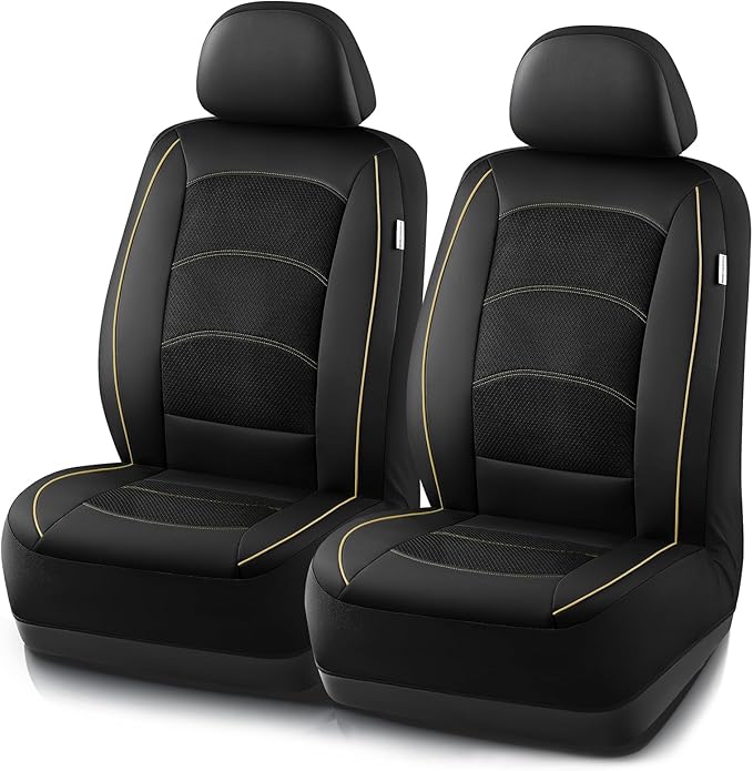 Road Comforts Car Seat Covers, Leather Front Seat Covers with Piping, Air-Cool Mesh Designed, Airbag Compatible Automotive Seat Covers for Most Car, Truck, Van, SUV - Black with Beige Piping