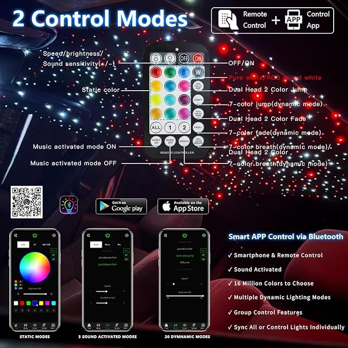 32W RGBW APP Fiber Optic Lights, Small Size Music Activated 450pcs 0.03in 9.8ft/3m Optical Fiber Star Ceiling Light Kit for Car Headliner Star/Home
