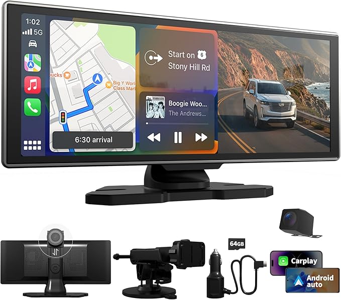 Largest Portable 11.26'' Wireless CarPlay/Android Auto Screen with 2.5D 1920x720 HD Display, Built-in DVR, 4K Front + 1080P Rear Camera, Car Screen,Easy Install Dash Cam,GPS Navigation,Voice Control