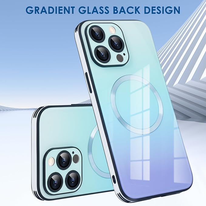 Guppy Compatible with iPhone 14 Pro with MagSafe Case, Magnetic Gradient Case with MagSafe Charging, Gradient Glass Back Cover with Lens Film-Blue