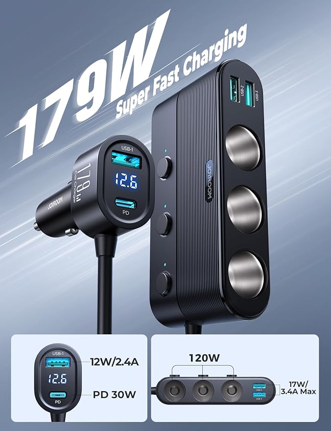 [2026 Upgraded] 7 in 1 Cigarette Lighter Adapter, JOYROOM 179W Car Charger Adapter with PD30W Charge(3.3FT Cable), 24V/ 12V Cigarette Lighter Splitter with Independent Switches & LED Voltage Display