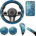Blue Peacock Print Car Steering Wheel Cover Set for Men Women Beautiful Car Interior Decor Cup Coaster Handbrake Cover Universal Fit Auto,Suvs,Truck