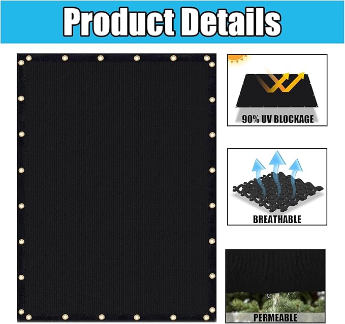 Amagenix 90% Shade Fabric 9'X 9' Black Sun Shade Cloth with Grommets for Pergola Replacement Shade Cover Canopy, Heavy Duty, Cable Zip Ties Included (We Customized)