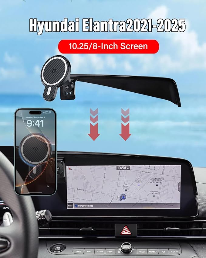 PZK Car Phone Holder for Hyundai Elantra 2021-2025 2026 SE/SEL/Sport/Limited/N Line Accessories for 8-Inch/10.25-Inch Screen Magnetic 15W Fast Wireless Charger Phone Mount 360° Rotating Extension Rod