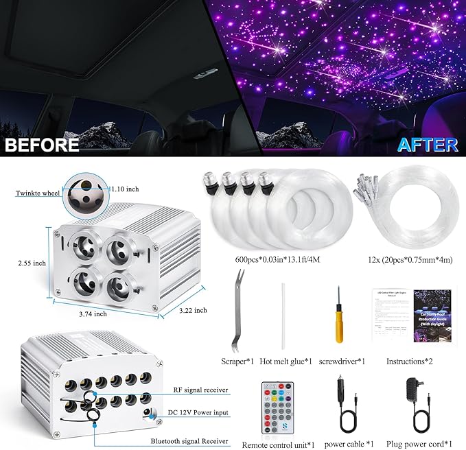4 Colors 32W Twinkle & Meteor Car Starlight Headliner Kit, 2-in-1 Light Engine 600pcs*0.03in*13.1ft+240 RGBW Fiber Optic Cable Shooting Car Star Roof Lights, Ceiling Star Lights for Car Home Theater