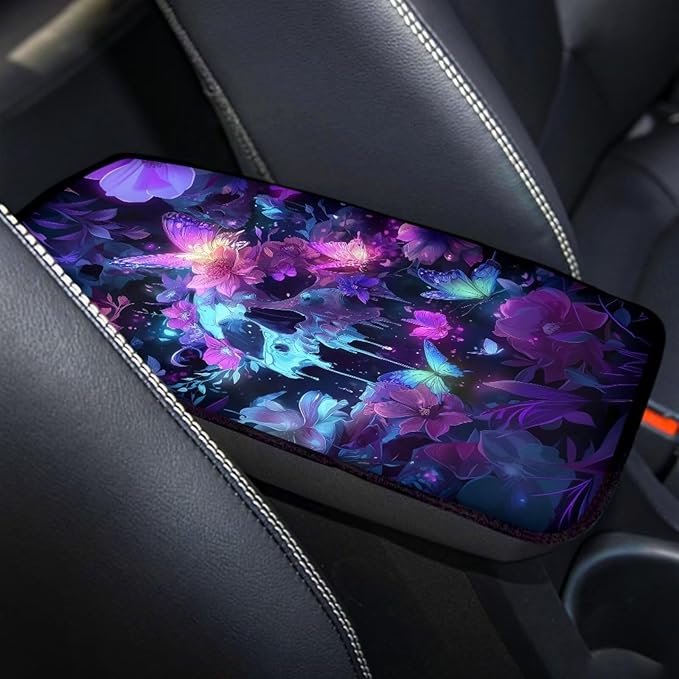 Skull Print Center Console Pad Butterfly Flower Print Armrest Cushion Cover for Cars Dust-Proof Decorative Armrest Seat Box Cover for Auto Interior