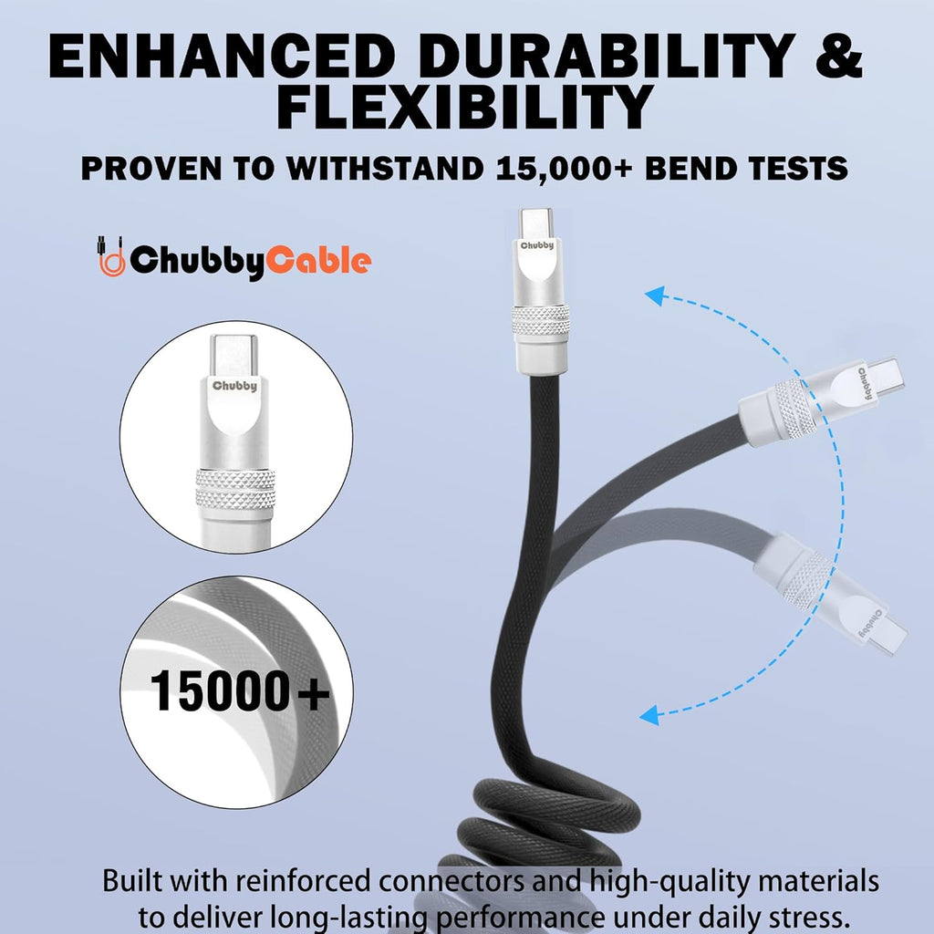 chubbycable Curly Chubby - Retractable Fast Charging Cable 240W Coiled Charger Cord for Car Durable USB-C Cable for Phones, Tablets and More, Red, Type-C to Type-C, 1.3FT-2.3FT