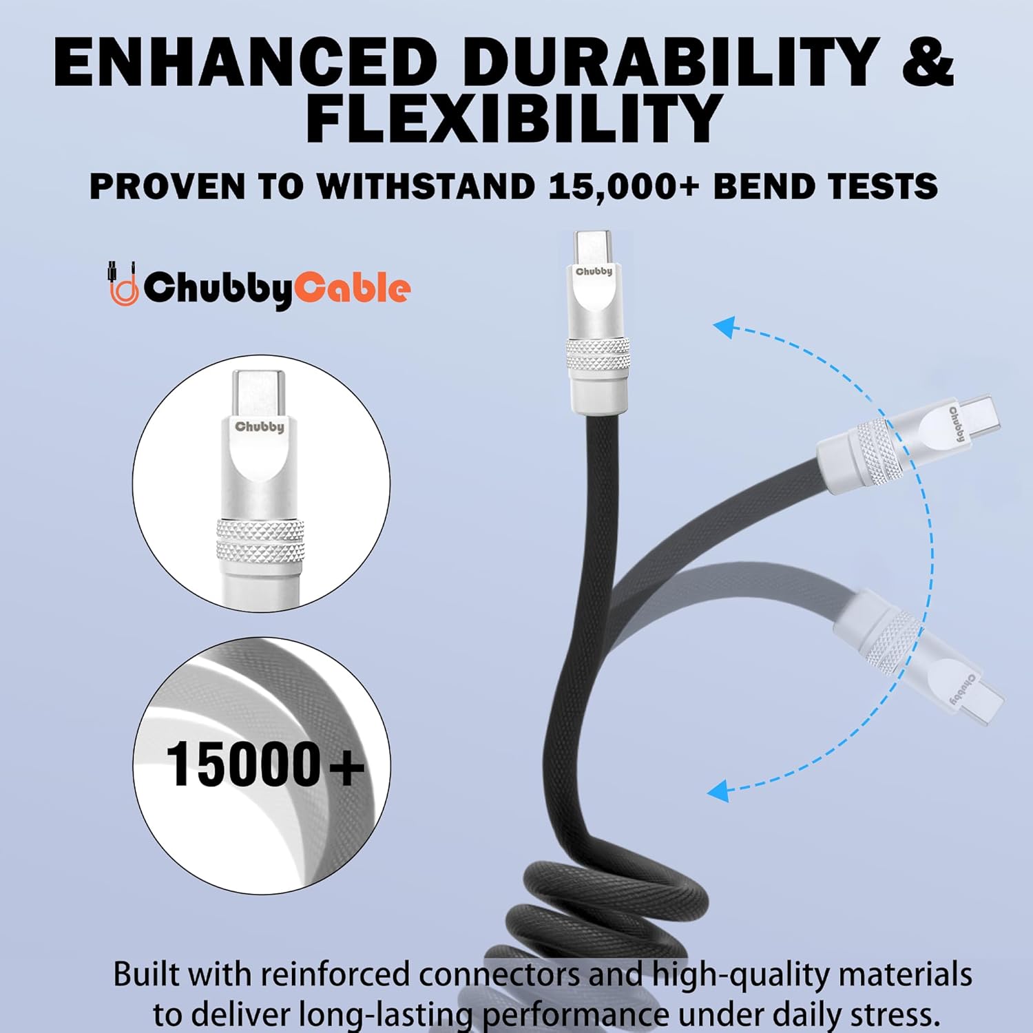 chubbycable Curly Chubby - Retractable Fast Charging Cable 240W Coiled Charger Cord for Car Durable USB-C Cable for Phones, Tablets and More, Orange, Type-C to Type-C, 1.3FT-2.3FT