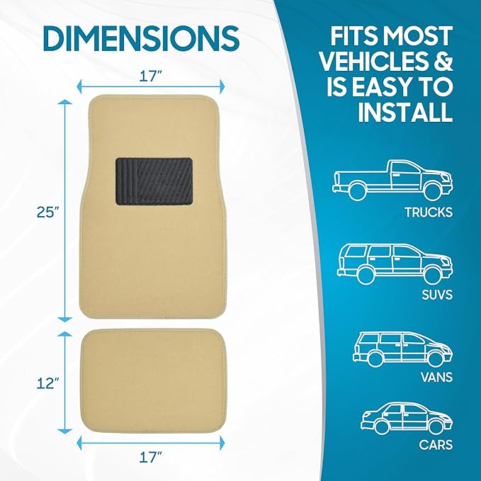 BDK MT-100-LB Classic Light Beige Carpet Floor Mats with Vinyl Heel Pad for Car SUV Truck Van, Universal Fit Front & Rear Liner
