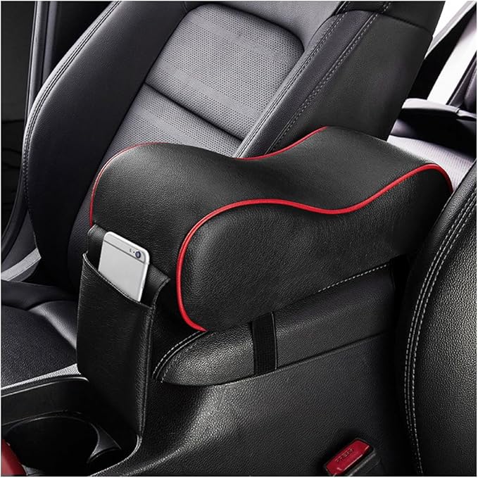 Car Center Console Cover, Soft Memory Foam Auto Arm Rest Pillow with Phone Holder Storage Bag, Waterproof Leather Armrest Seat Box Protector Comfy Cushion Pad for Most Cars (Black&Red)