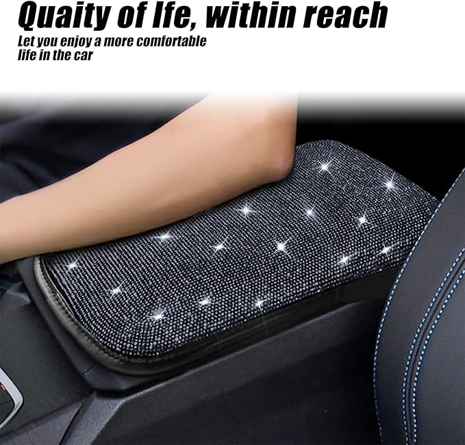 ZKFAR Pack-1 Bling Car Armrest Cover, 8.66" x 11.81" Cute Charming Auto Center Console Protective Cover, Luster Crystal Rhinestone Car Arm Rest Cushion Pad (Pink)