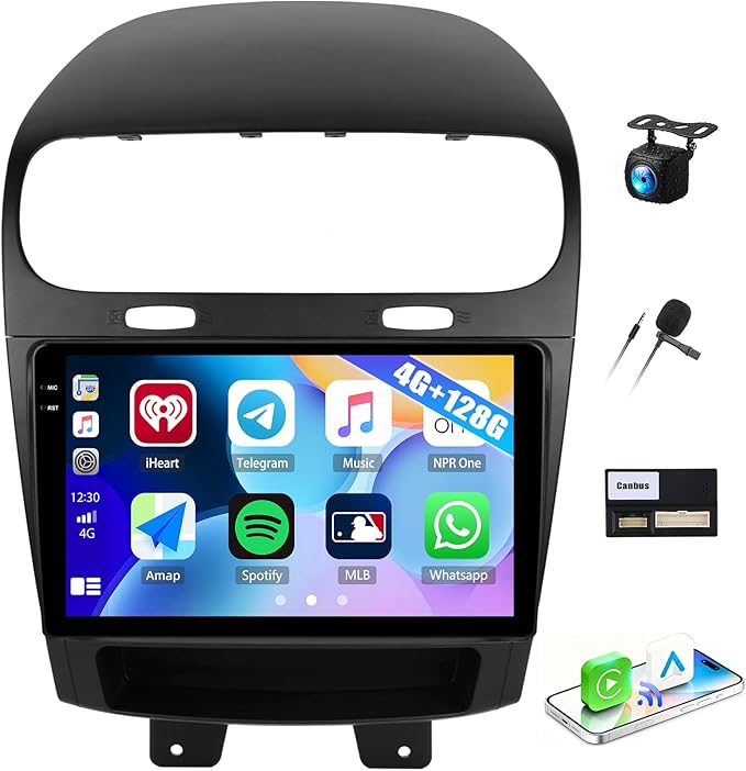 CAMECHO 4G+128G Car Radio Stereo for Dodge Journey 2012-2019 with Wireless Carplay Android Auto Android 15 Radio 9" 1280 * 720 Touch Screen Head Unit with GPS Bluetooth WiFi FM RDS Backup Camera