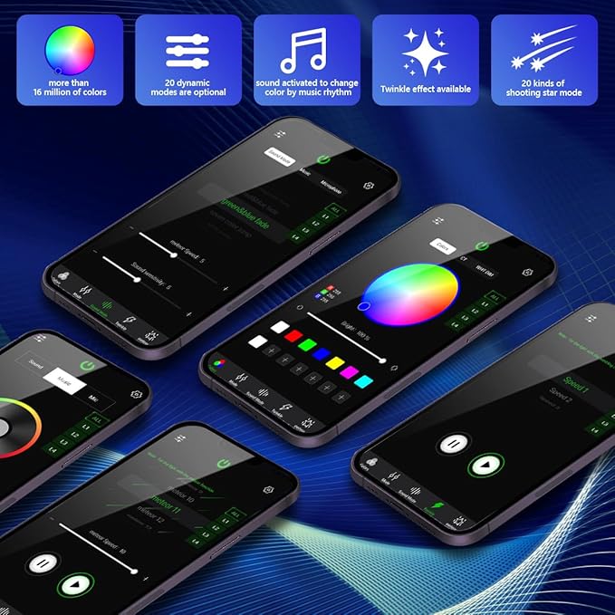 AMKI Updated 4Color Meteor Twinkle 36w Starlight Headliner Kits 1080pcs 0.03in 13.1ft, 240pcs RGB Meteor Shooting Star Cable, 2 in 1 Fiber Optic Light Box RGBW Sound Activated Mode for Car& Home Decor