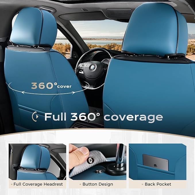 Coverado Car Seat Covers, Front Covers for Cars, Car Seat Cover Front Seats, Automotive Seat Cover, Waterproof, Leather Car Seat Cushion, Universal Interior Covers Seat Protectors for Most Cars Blue