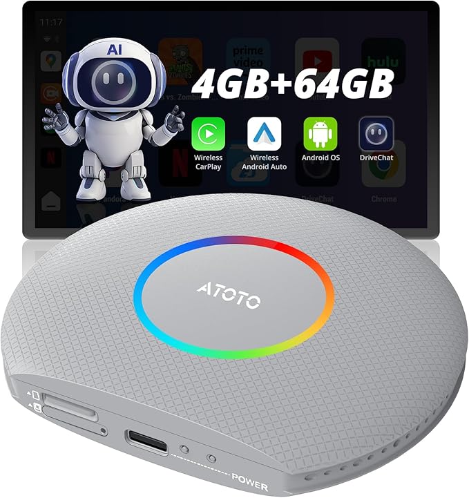 ATOTOZONE CB6 Wired CarPlay to Wireless CarPlay/Android Auto Adapter with Bluetooth, Wireless CarPlay AI Box, AI Voice Dongle with GPS Tracking, 4GB+64GB, Silver