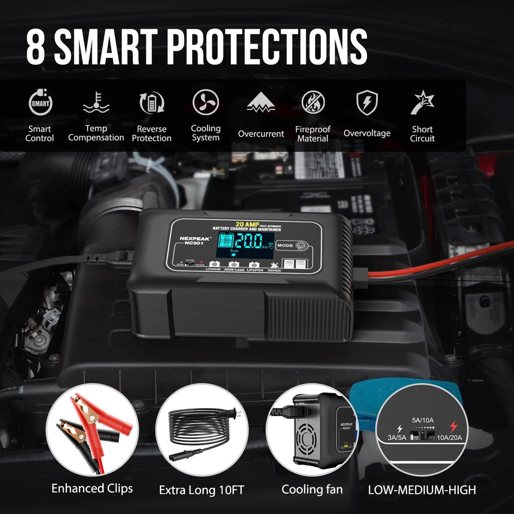 NEXPEAK NC301 20-Amp Car Battery Charger, 12V and 24V Smart Fully Automatic LiFePO4 Battery Charger Maintainer Trickle Charger w/Temp Compensation for Car Truck Boat Lead Acid Lithium Batteries