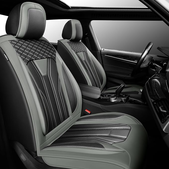 Fit Murano Car Seat Covers Compatible with Nissan Murano 2004-2025 2026 - Premium Leather， Waterproof Breathable， All-Weather Seat Cushion Protecto&Airbag Compatible (2 Front Seat Gray&Black)