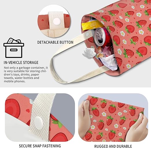 Cute Car Trash Can, Hanging Canvas Car Back Seat Organizer and Storage Bag, Funny Car Trash Bag For Travelling, Outdoor Cute Red Strawberry