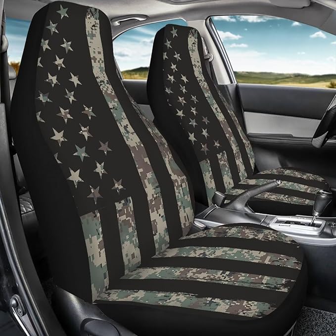 ELEQIN Camo American Flag Seat Covers, Car Seat Covers Front Seats, Car Seat Cushion, Front Car Seat Covers Canvas Car Seat Protector Universal Fit Most Cars