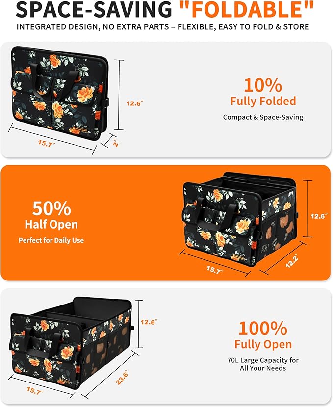SIBOFUEGO Sturdy Car Trunk Organizer – Large Capacity Trunk Organizer for SUVs & Sedans, Hard-Shell One-Piece Design with Cute Print, Collapsible and Durable Car Organizers (Flower 70L)