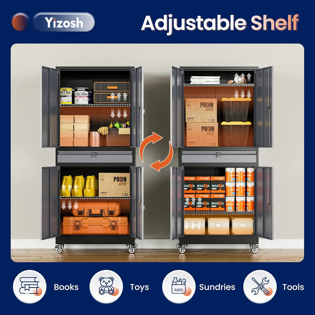 Yizosh Metal Garage Storage Cabinet with Locking Doors and Adjustable Shelves, -73" Steel Rolling Tool Storage Cabinet with 4 Wheels and 1 Drawer for Garage,Office,Warehouse