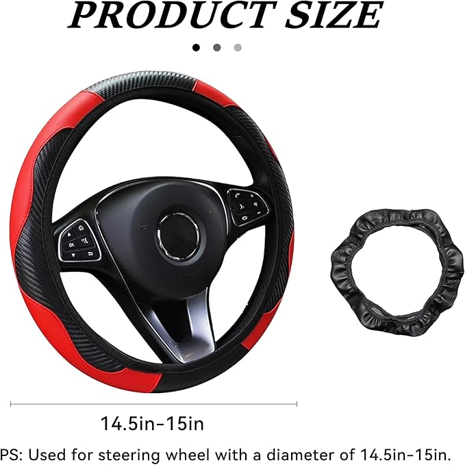 Car Steering Wheel Cover, 15 inch Carbon Fiber Microfiber Anti-Slip Breathable PU Leather Elastic Steering Wheel Protector, Car Interior Accessories for Most Cars (Red)