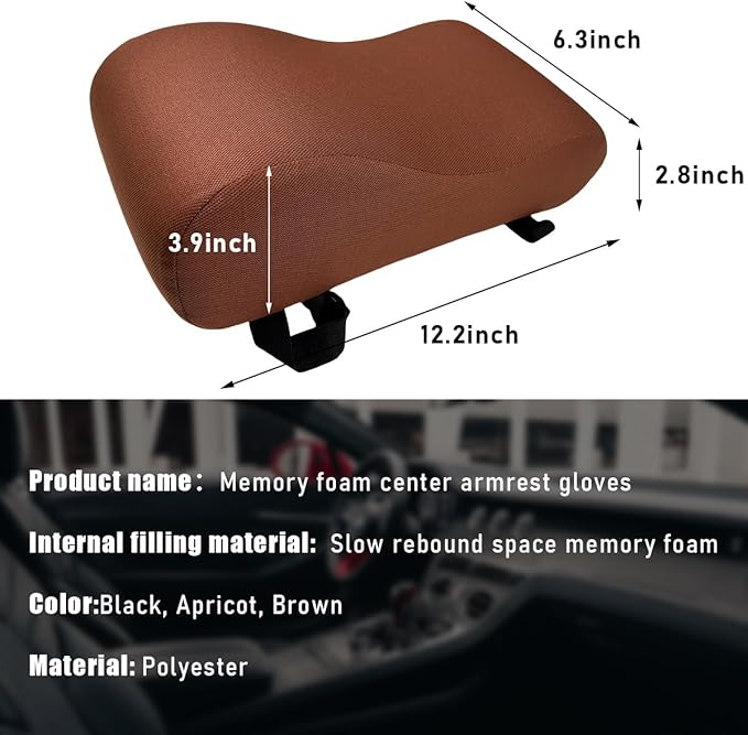 Car Armrest Cushion, 12.2"×6.3"×3.9" Memory Foam Center Console Armrest Pad, Comfortable Armrest Console Pillow Protector for Most Vehicles, Universal Car Accessories (Brown)