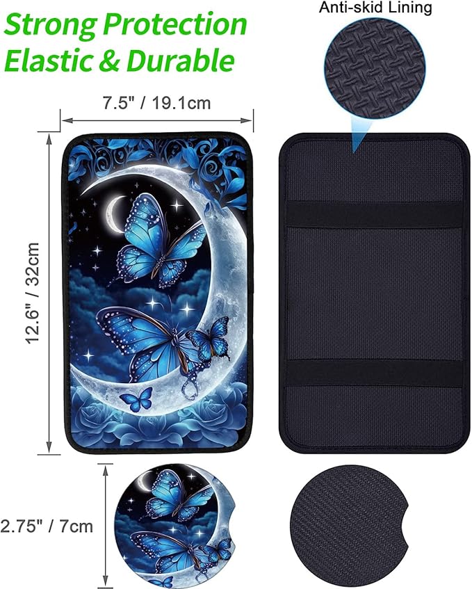 Car Armrest Cover Pads Universal Fashion Cute Auto Center Console Armrest Cover Pad with 2PCS Car Coasters Soft Waterproof Car Armrest Seat Protector for Women Girls, Blue Moon Butterflies