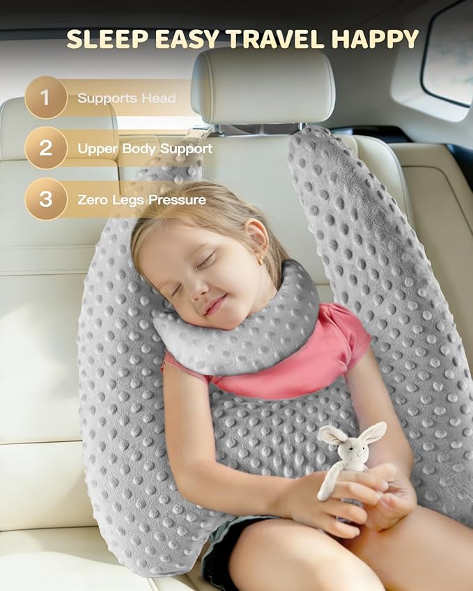 Memory Foam Kids Travel Pillow, Car Pillow for Kids, H-Shape Car Pillows for Sleeping, Removable Pillowcase, Adjustable, Velvet Dots, Grey