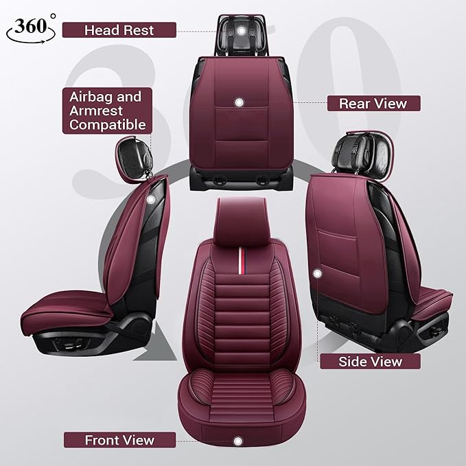 OASIS AUTO Car Seat Covers Full Set Premium Waterproof Faux Leather Cushion Universal Accessories Fit SUV Truck Sedan Automotive Vehicle Auto Interior Protector (OS-001 Burgundy)