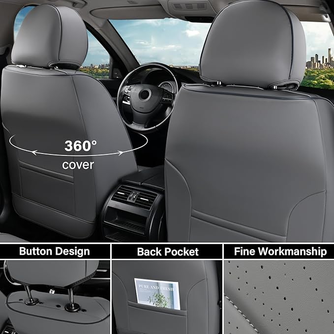 Coverado Car Seat Covers Full Set, Luxury Nappa Leather Seat Covers, Waterproof Seat Cover for Cars, Front and Rear Seat Cover Car Seat Protector, Automotive Seat Cover Universal Fit Most Cars(Gray)