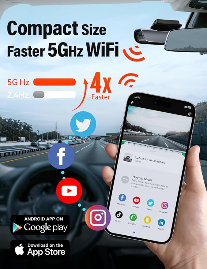FOCUWAY 4K Front and Rear Dash Cam: Fast 5GHz WiFi & Hands-Free Voice Control, Compact Hidden Design, 24/7 Parking Mode Recording, Supercapacitor & Type-C, Free 64GB Card, Super Night Vision