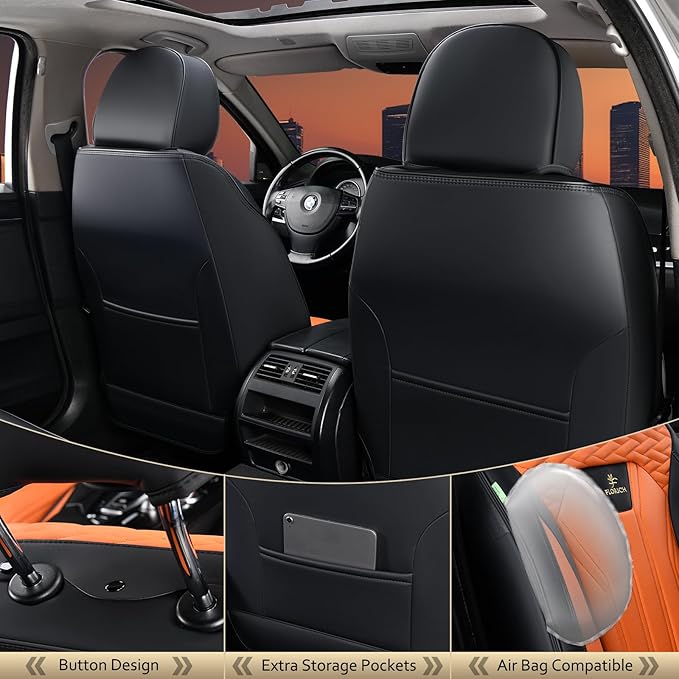 FLORICH Leather Seat Covers, Car Seat Covers Full Set, Car Seat Protectors 5 Seats, Automotive Seat Covers Driver Seat Covers Fit for Most Cars Trucks SUV-Black&Orange