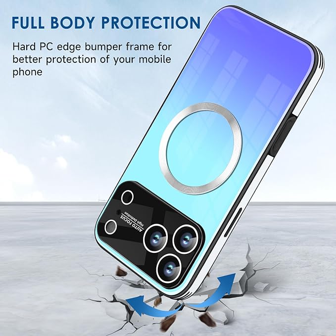 Guppy Compatible with iPhone 17 Pro Max Magnetic Case, with Full Camera Lens Protector [Compatible with MagSafe] Scratch Resistant Gradient Glass Back Cover Phone Case-Blue