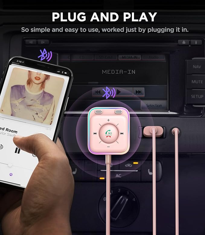 JOYROOM Bluetooth 5.4 Receiver for Car, AUX Bluetooth Car Adapter, 3.5mm Wireless Audio Receiver for Home Stereo/Wired Headphones, Hands-Free Call, Noise Cancelling, Pink