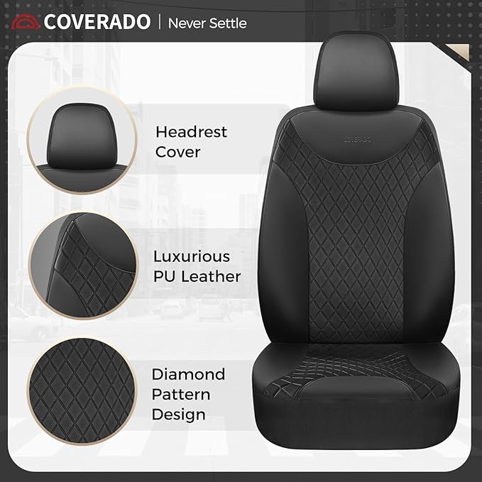 Coverado Seat Covers Full Set, 5 Seat Black Car Seat Covers, Leather Car Seat Protectors, Automotive Front and Back Seat Covers, Waterproof Car Seat Cushions Universal Fit for Most Sedan, SUV, Truck