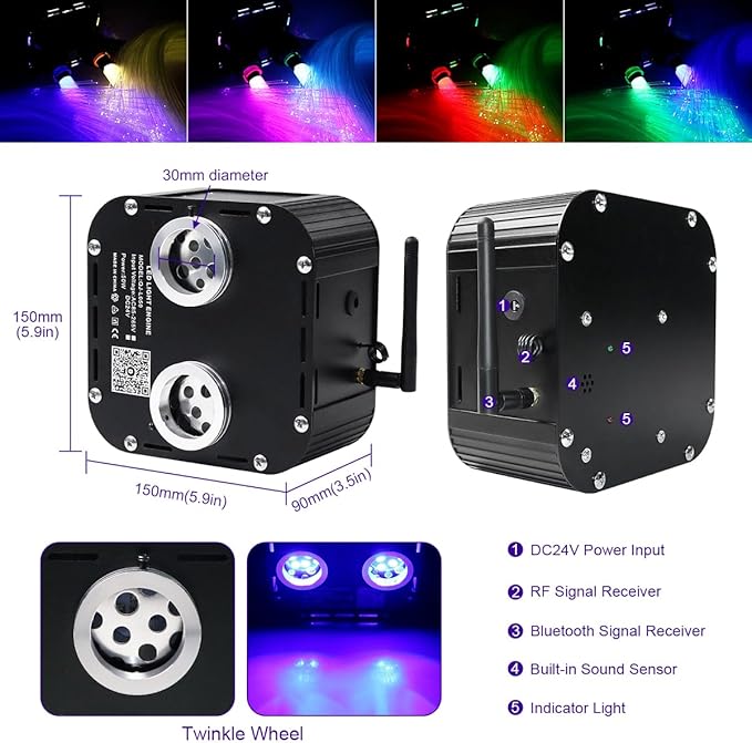 AZIMOM Dual Color High Brightness 50W Twinkle Fiber Optic Light Source RGBW Light Box Engine Diver Music Sensor Mode Bluetooth/RF Control for Home Star Ceiling Light Effect Decor