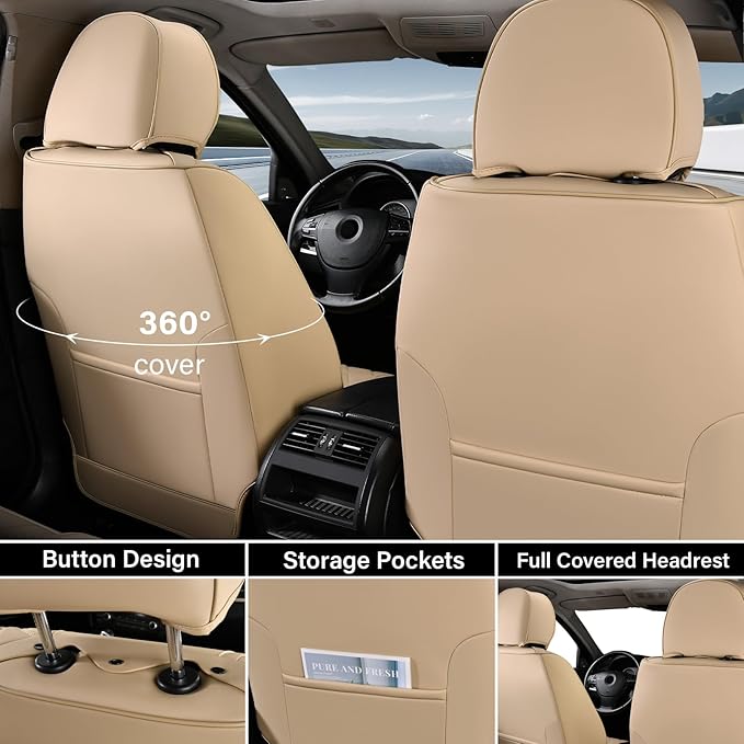 Coverado Car Seat Covers Full Set, Beige Seat Covers for Cars, Waterproof Nappa Leather Automotive Seat Covers with Lumbar Head Pillow, Car Seat Protectors, Universal Fit for Most Cars SUV