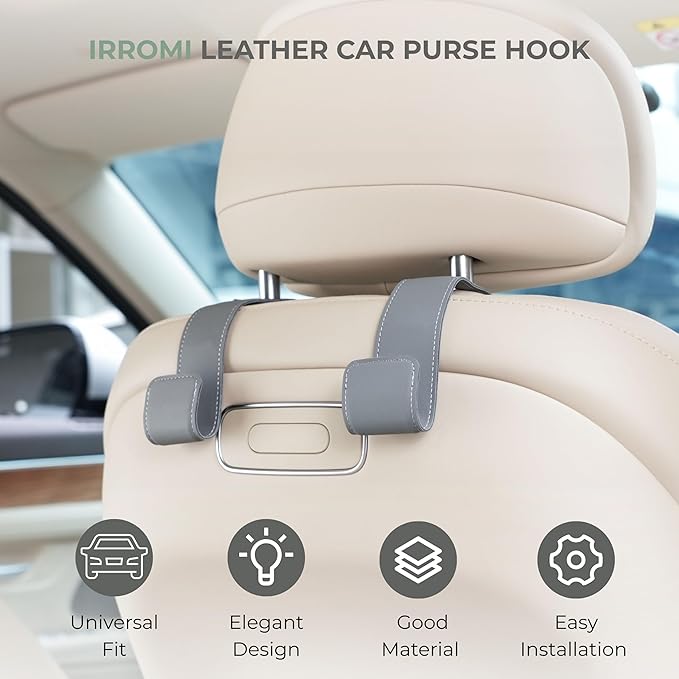 Purse Holder for Car, 2 Pack Upgraded Car Seat Hooks for Hanging Purse and Bag, Leather Headrest Hooks for Car Back Seat, Car Organization Accessories (Gray)