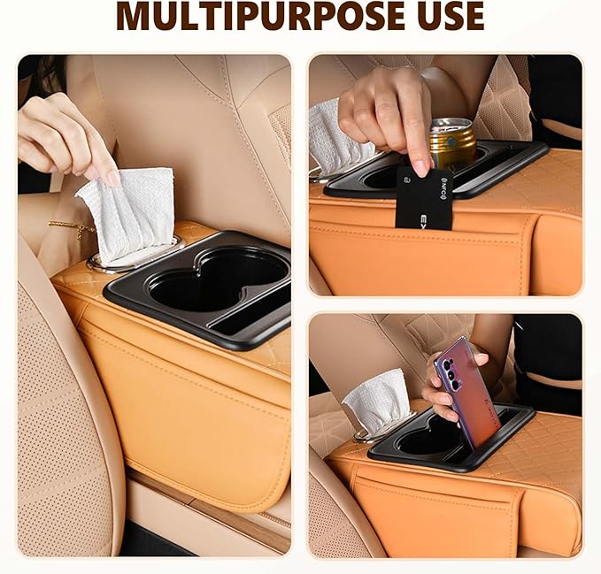 Multifunctional Car Armrest Cushion with Integrated Booster, 2026 Upgraded Universal Style Memory Cotton Car Armrest Box Pad, Car Center Console Armrest Pillow, with 2 Cup Holder (Gray)