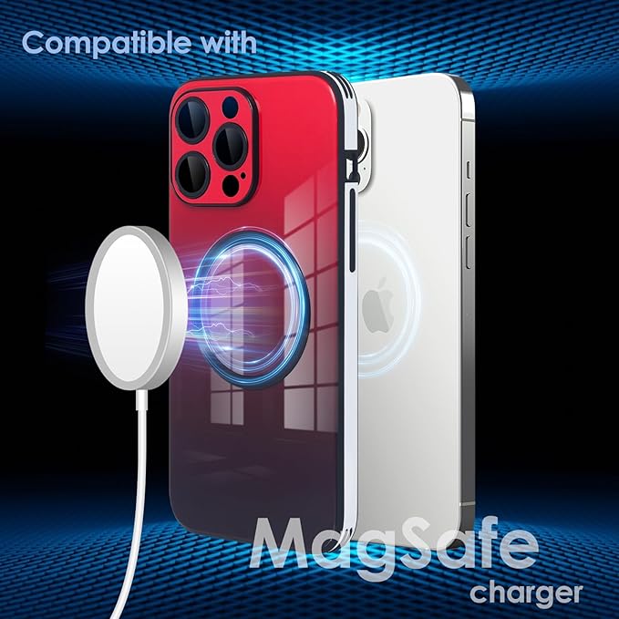 Guppy Compatible with iPhone 12 Pro Max Magnetic Case, Magnetic Gradient Case with Charging, Gradient Glass Back Cover with Lens Film-Red