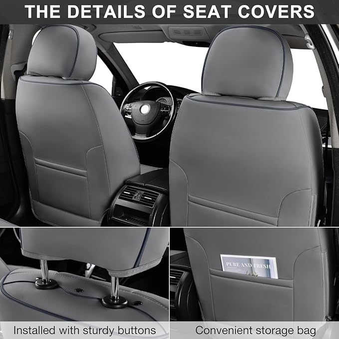 Grey Car Seat Covers Front Pair, Breathable Leather Automotive Front Seat Covers & Headrest for Reduce The Driving Fatigue, Compatible with Most Cars Sedans SUV Pickup Trucks
