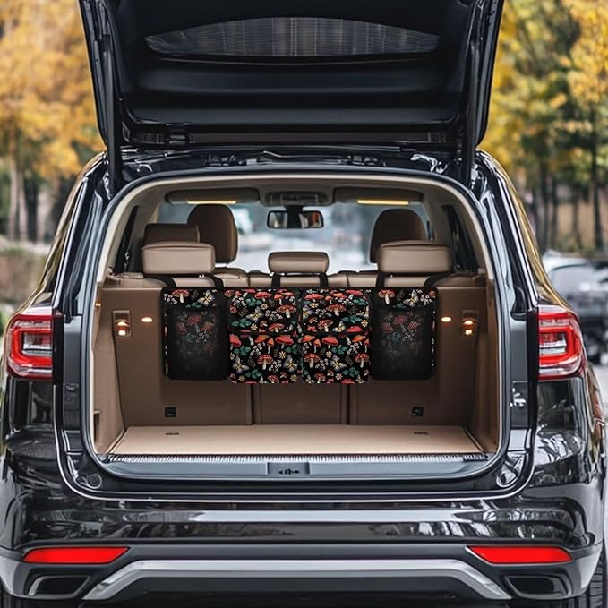 Mushroom Car Trunk Organizer Foldable Auto Backseat Storage Bag with 4 Pockets Hanging Auto Accessories Suitable Most Sedans SUVs Trucks Vans