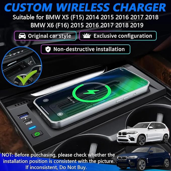 Wireless Car Charger for BMW X5 2014-2018 BMW X6 2015-2019, OEM Custom Fit with 27W USB-A & Type-C Wireless Fast Phone Charging Pad for BMW X5 (F15)/X6 (F16) 2014-2019 Interior Accessories