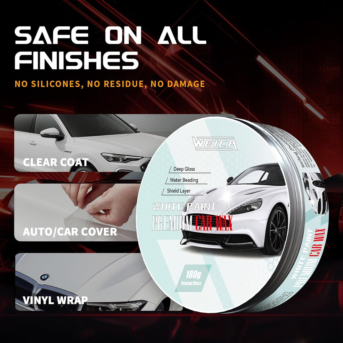 Car Wax for Light & Metallic Cars | White, Silver, Pearl | Anti-Yellowing Carnauba | 90° Water Beading & UV Shield