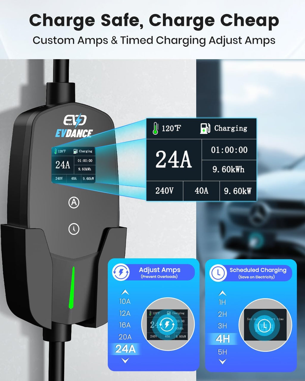 Level 2 EV Charger for Tesla Models, 24Amp 240V NEMA 14-30 Plug, 25FT Cable with Remote-Open Charge Port, 6-24A Adjustable EV Charging Station for Home/Garage Use, IP66 Waterproof