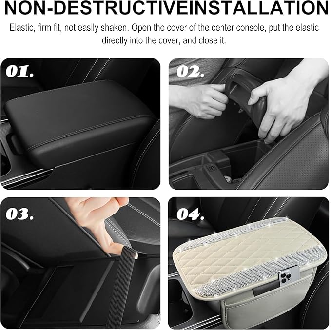 NBTEPEM Bling White Car Center Console Cover, Leather Car Arm Rest Cover with 2 Storage Bags, Universal Auto Armrest Protector Storage Box, Bling Accessories Interior for Most Vehicles
