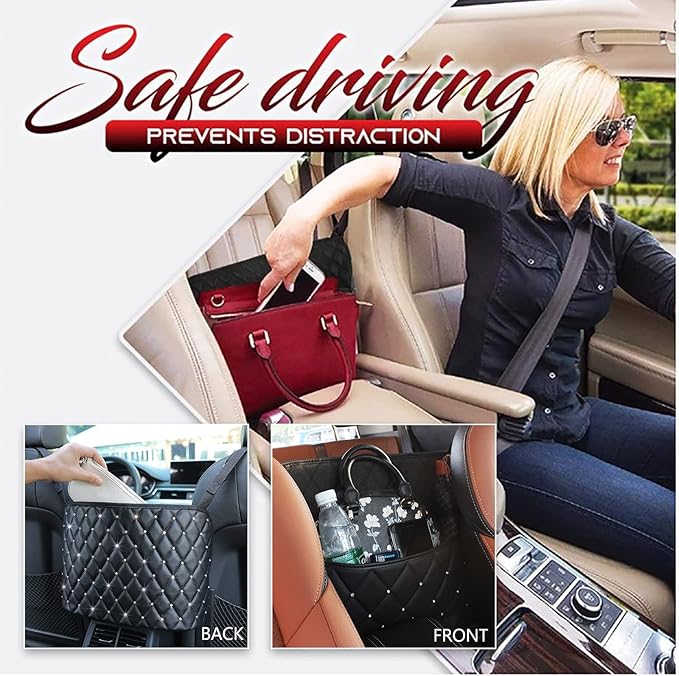 Car Net Pocket Handbag Holder with Diamond Bling Driver Netting Pouch, Handbag Holder Front Seat, Barrier of Backseat Pet Kids Storage & Pocket (Black with Diamond)